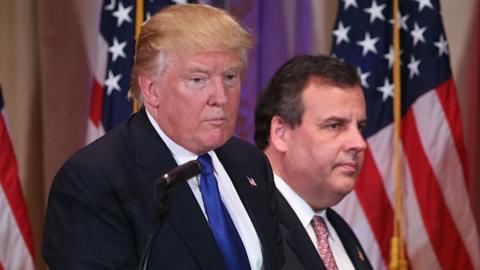 Donald Trump and Chris Christie stand next to each other at Mar-a-Lago in Florida.