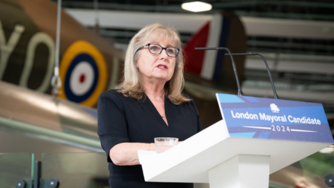 Councillor Susan Hall speaks at the Battle of Britain Bunker in Uxbridge, west London, after being named as the Conservative Party candidate for the Mayor of London election in 2024