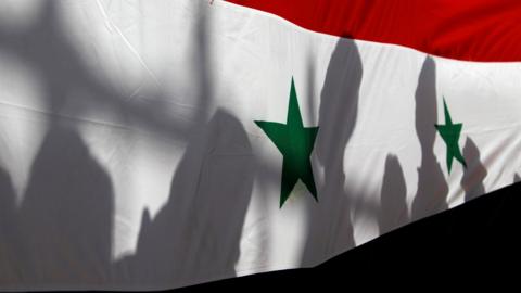 The shadows of people on a Syrian national flag (21 September 2016)