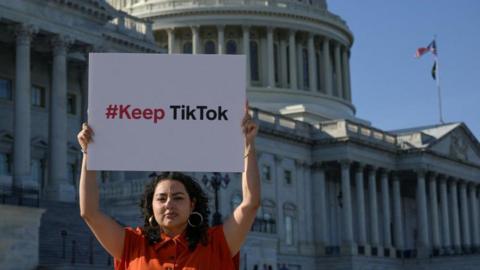 Giovanna Gonzalez of Chicago demonstrates outside the U.S. Capitol following a press conference by TikTok creators to voice their opposition to the “Protecting Americans from Foreign Adversary Controlled Applications Act," pending crackdown legislation on TikTok in the House of Representatives, on Capitol Hill in Washington, U.S., March 12, 2024