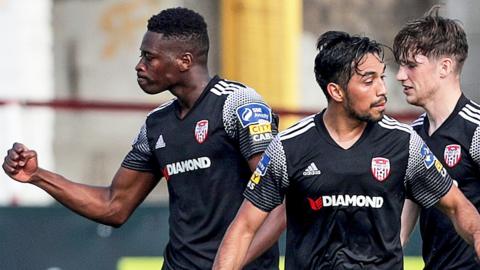 Derry City striker Ibrahim Meite (left) celebrates after scoring after Shelbourne last weekend