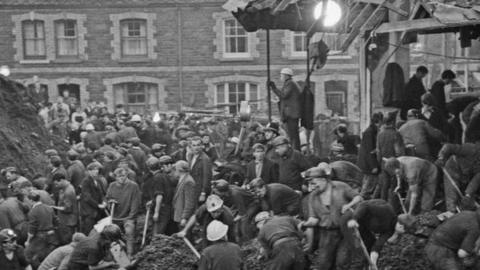 Rescue workers digging at Pantglas Junior School after the disaster on 22 October 1966