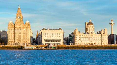 The three graces of Liverpool. The Royal Liver Building, Cunard Building and Port of Liverpool Building at pierhead.
