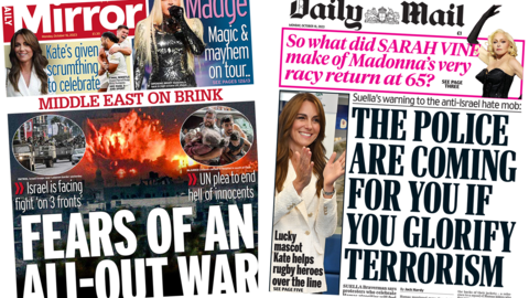 The headline in the Mirror reads, "Fears of an all-out war", while the headline in the Mail reads, "The police are coming for you if you glorify terrorism"