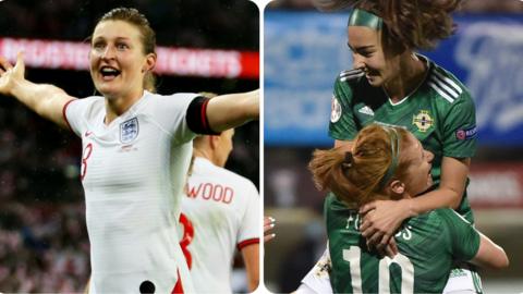 England's Ellen White (left) and Chloe McCarron held aloft by fellow goalscorer Rachel Furness after netting in Northern Ireland's win over the Faroe Islands