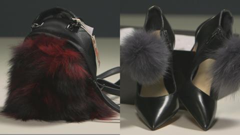 A black and red furry handbag from TK Maxx was made from fox fur, while the store's shoes bought online contained raccoon dog fur