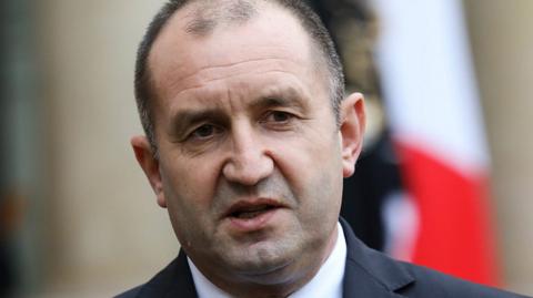 Bulgarian President Rumen Radev addresses media following a meeting with French President Emmanuel Macron at the Elysee Palace in Paris, 4 December 2017