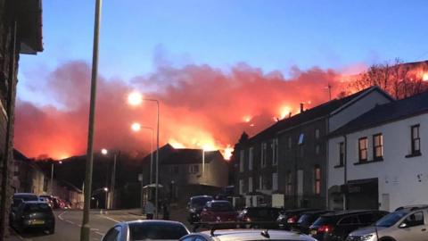 Mountain fire above Ystrad, in the Rhondda Valley, on Monday evening
