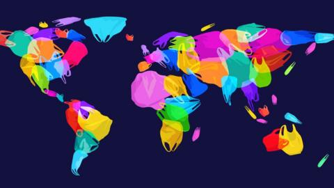 World map made of bin bags