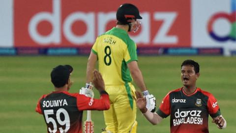 Nasum Ahmed celebrates dismissing Mitchell Marsh