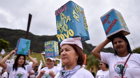 People take part in a march from Belo Horizonte to Brumadinho on 20 January to mark one year since the Brumadinho dam collapsed