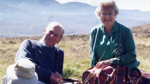 Personal photograph of Prince Philip and the Queen at the top of the Coyles of Muick in the Cairngorms, Scotland, in 2003 taken by the Countess of Wessex