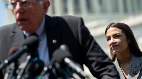 US Senator Bernie Sanders speaks alongside Representative Alexandria Ocasio-Cortez