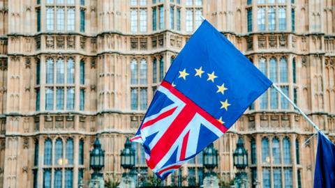EU and UK flag outside Parliament