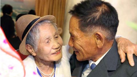 Lee Gyum-sum (L), 92, of South Korea meets with her North Korean son Lee Sung-chul (R), 71, during the inter-Korean family reunions at the Mount Kumgang resort, North Korea, 20 August 2018