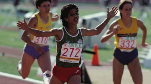 Nawal El Moutawakel wins the 400m hurdles in the 1984 Olympics