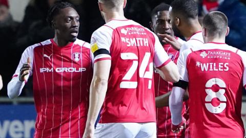 Freddie Ladapo celebrates a goal for Rotherham against Morecambe
