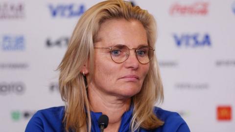 Sarina Wiegman at a press conference in Brisbane
