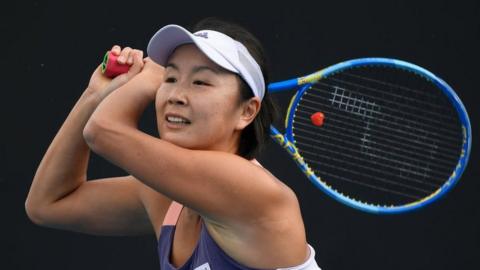 Shuai Peng of China in action during her Women's Singles first round match against Nao Hibino of Japan on day two of the 2020 Australian Open at Melbourne Park on January 21, 2020 in Melbourne, Australia