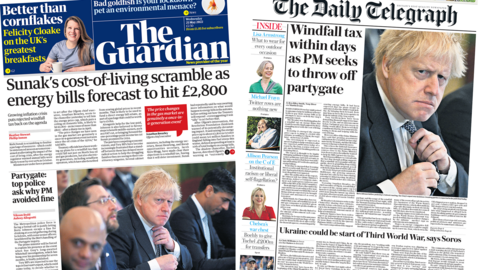 Composite image of the Guardian and Telegraph front pages.