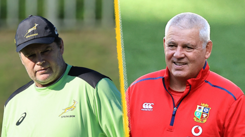 A split picture of Rassie Erasmus frowning and Warren Gatland smiling