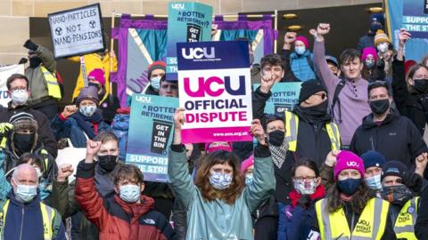 Members of the University and College Union (UCU) during their rally in Glasgow, at the start of their 10 days of industrial action over pay, pensions and working conditions. Picture date: Monday February 14, 2022