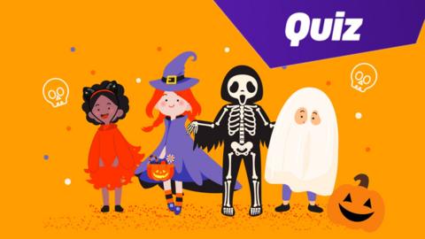 Cartoon children in Halloween outfits.