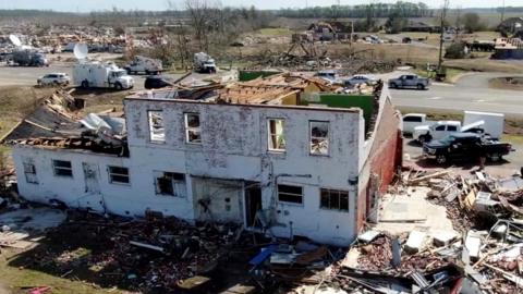A general view shows a destroyed building in the aftermath of a tornado in Rolling Fork, Mississippi