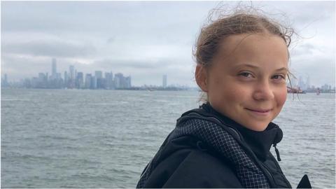 The teenage climate change activist arrives in New York City after a 15-day trip across the Atlantic Ocean.