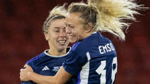 Scotland's Nichola Docherty and Claire Emslie celebrate