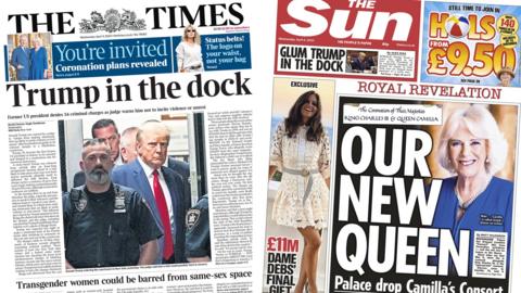 The headline on the front page of the Times reads "Trump in the dock" and the headline on the front page of the Sun reads "Our new Queen"