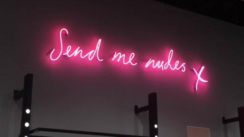 Picture of neon sign saying "send me nudes"