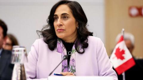 Anita Anand, then-Canada's minister of defence, looks on at the start of a two-day meeting of the alliance's Defence Ministers at the NATO headquarters in Brussels