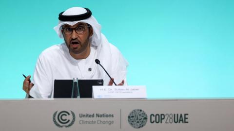 Sultan al-Jaber speaks during the United Nations Climate Change Conference (COP28) in Dubai