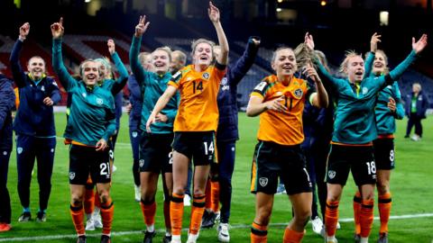 The Republic of Ireland celebrate at Hampden Park following their World Cup play-off win