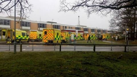 Ambulances outside Queen Elizabeth Hospital, King's Lynn