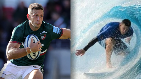 Spit image of Jimmy Gopperth in action for Leicester Tigers and surfing a wave