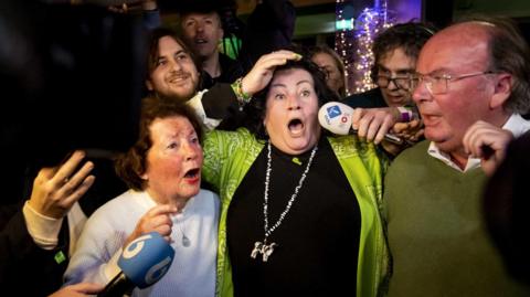 Leader of the BBB political party Caroline van der Plas reacts to the results for the Provincial Council elections in Bathmen, the Netherland