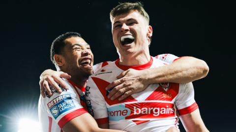 Jack Welsby celebrate his try with St Helens teammate Waqa Blake