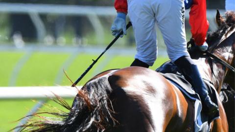 General view of a jockey holding a whip