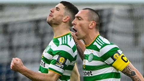 Celtic's Ryan Christie celebrates the first goal with Scott Brown