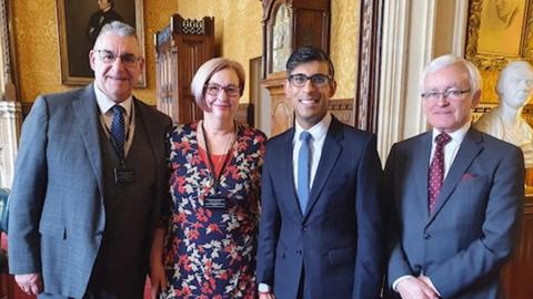 Adrian and Carol Ellis pictured with Prime Minister Rishi Sunak and Cleethorpes MP Martin Vickers