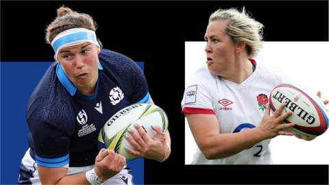 A graphic with images of Scotland's Rachel Malcolm and England's Marlie Packer playing rugby