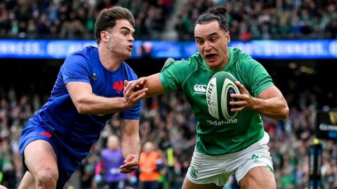 James Lowe scores a try for Ireland in this year's Six Nations match against France