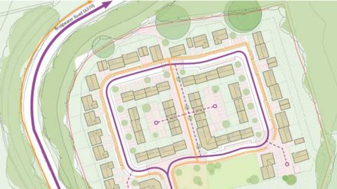 A bird's-eye view of the plans for 60 homes on green land close to the A370