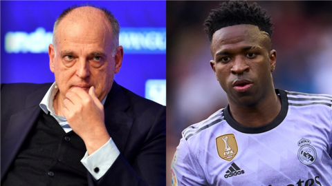 La Liga president Javier Tebas and Real Madrid forward Vinicius Jr