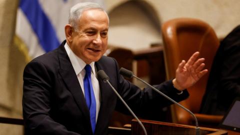 Benjamin Netanyahu addresses a special session of the Israeli Knesset in Jerusalem on 29 December 2022