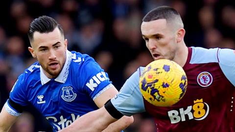 Jack Harrison of Everton (L) and John McGinn challenge for the ball during the Premier League match between Everton FC and Aston Villa at Goodison Park on January 14, 2024 in Liverpool, England.