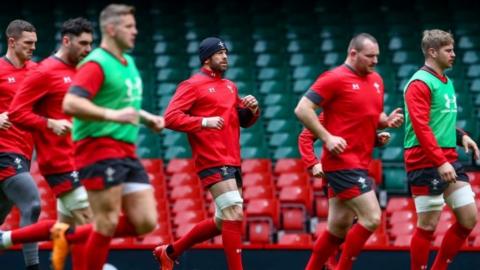 Players warming up on Friday at the Principality Stadium