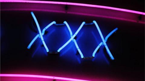 A stock image shows an XXX neon sign